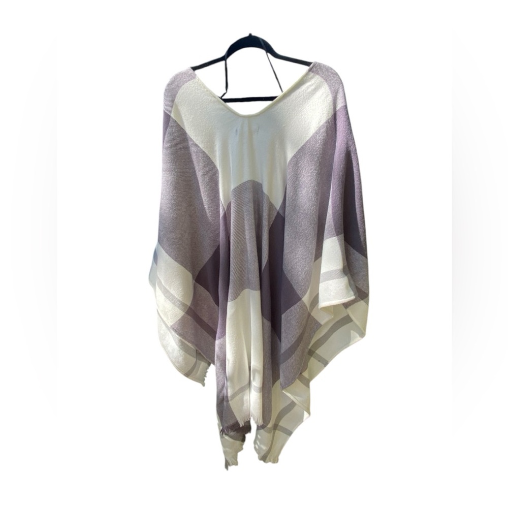 Poncho by Marc New York one size gray plaid w pompon tie acrylic fringe trim